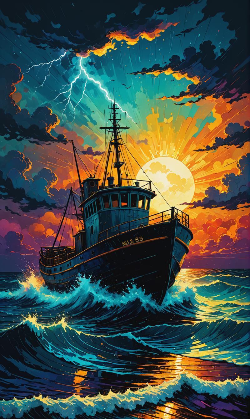 01026-3609028414-Mixed media magic. Artist James R. Eads. Stormy night over the troubled sea. drifting fishing boat, flashes of lightning on the.png